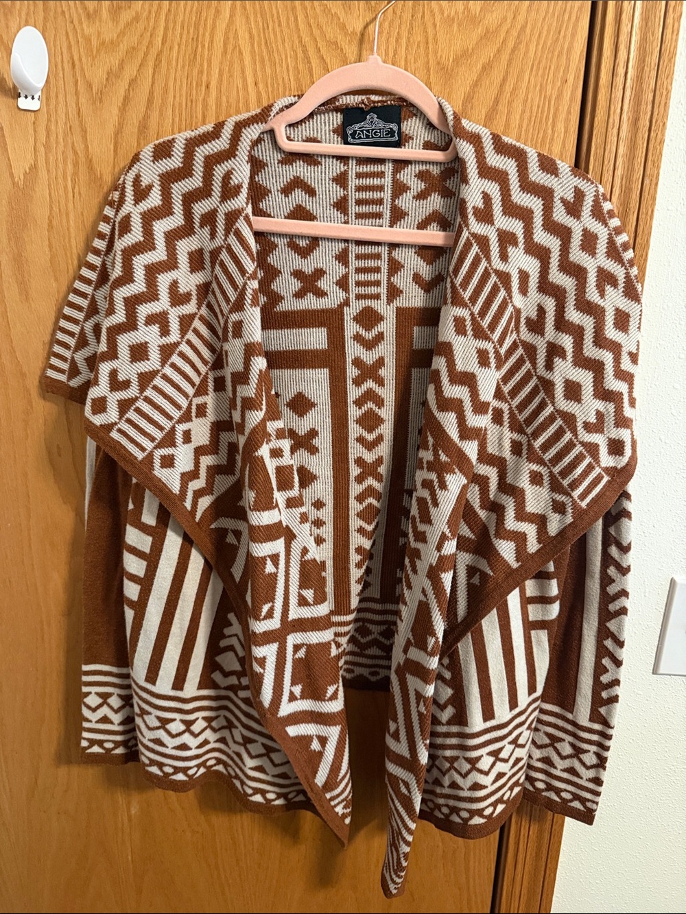 Angie Brown and Cream Geometric Open Front Cardigan